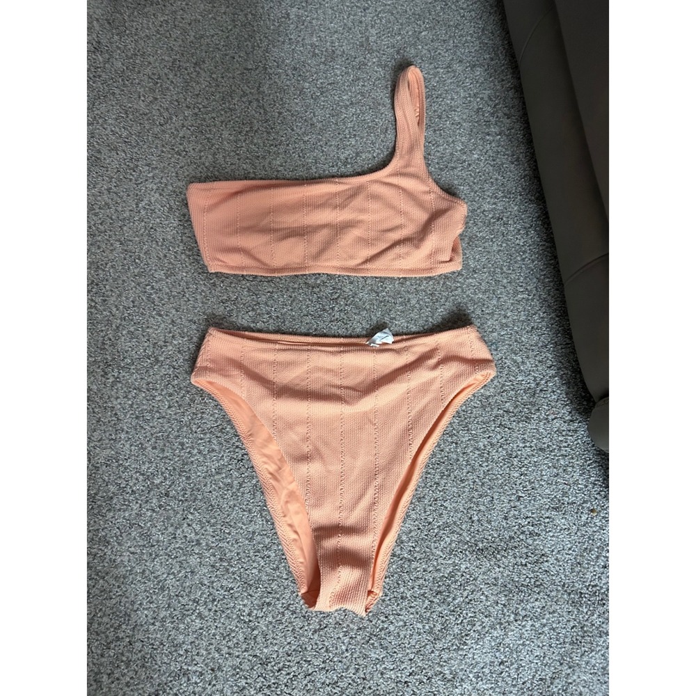 Aerie Peach Ribbed One Shoulder Bikini Set High Cut Cheeky Bottoms Large